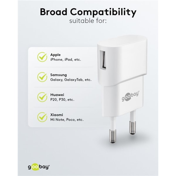 Väggladdare 1 x USB-A port, 1A, slim, vit, Goobay 44948 vit