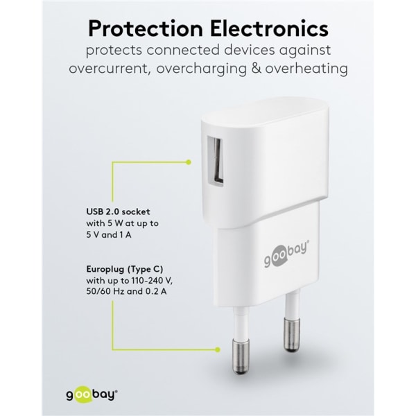 Väggladdare 1 x USB-A port, 1A, slim, vit, Goobay 44948 vit