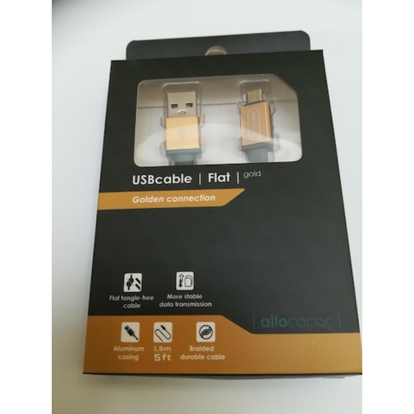 Micro USB laddkabel 1,5m, platt, GULD flätad, Allocacoc, 3-PACK guld 150 cm