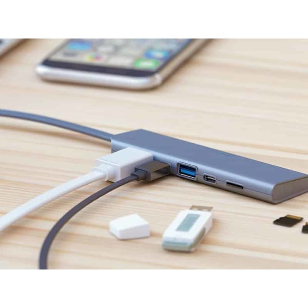 USB-C HUB: HDMI, USB-C, USB-A, USB-C (DC in), Micro-SD,Allocacoc Silver/ Grå
