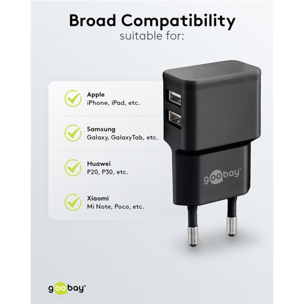 Väggladdare 2 x USB-A port, 2,4, svart, sidmatad, Goobay 44951 svart