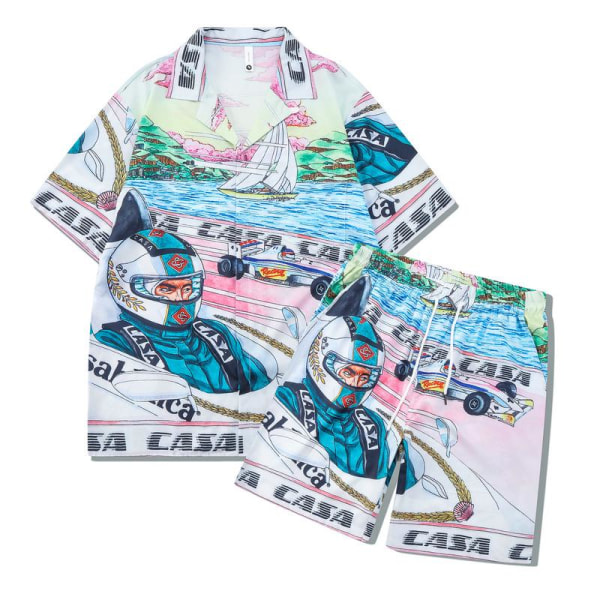 Stadium Print Casablanca Tennis Club kortærmet skjorte og shortsæt, unisex til sommer, afslappet hiphop hawaiiansk strandstil CA32 L