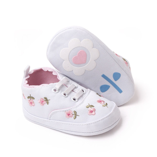 Baby skor snygga söta broderi denim handgjorda halkfria sula mjuka spädbarn snörskor vita 12cm/4.7in