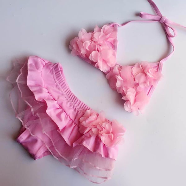 Børnebadedragt Småbørnsbadetøj til piger Badedragt 2 dele Babybikiniblomster Sommerstrandoutfit Pink L 20-25 kg