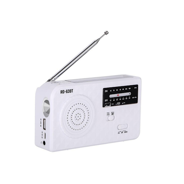 Hvit AM/FM-radio manuell power-lommelykt solcelle-radio LED-lommelykt håndsveiv nødlading