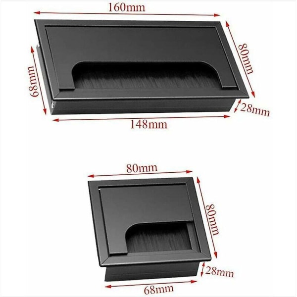 Deksel til skrivebordskabel i aluminiumslegering - 3-pakning, firkantet, svart - 80 mm x 80 mm, 160 mm x 80 mm
