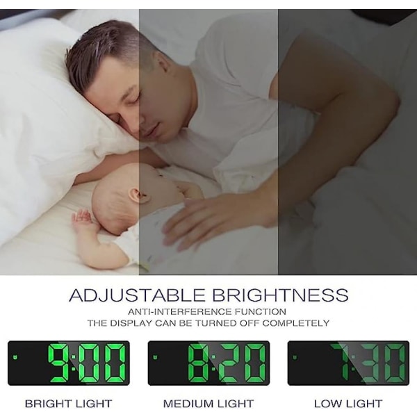 Digital väckarklocka, stor LED-skärmsklocka, spegelledd väckarklocka, lämplig för sovrum, hem, kontor, gröna siffror (svart)