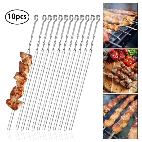 10 stk. Grillspyd i rustfrit stål Kebabspyd Flade Grill Kabobspyd Lange spyd Kødspyd