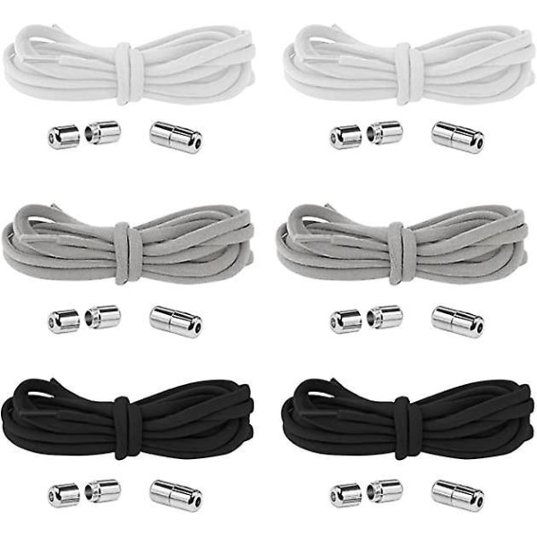Sorte, hvide og grå elastiske knudeløse snørebånd med metalspænde - 6 par, 105 cm hver