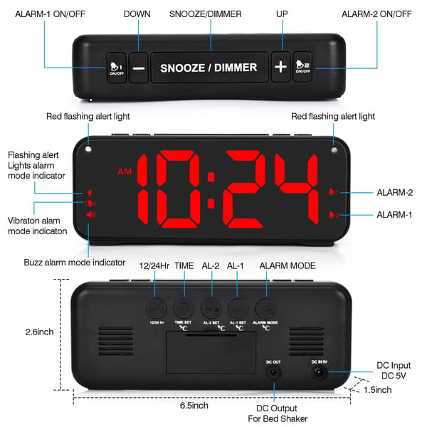 Vibrerande väckarklocka Sovrum för tunga sovplatser, 6,5 tums LED digital klocka stor display med shaker