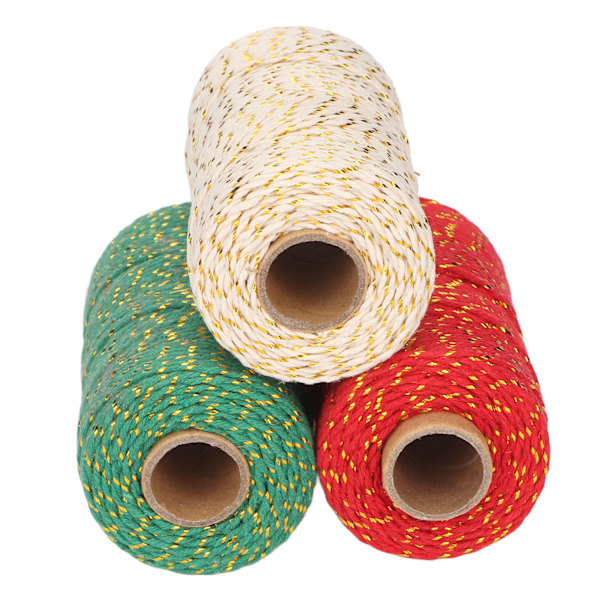 3 Rullar Julsnöre 2mm Diameter Varje 100m Längd Klippbar Lätt Present Snöre Sträng för DIY Förpackning