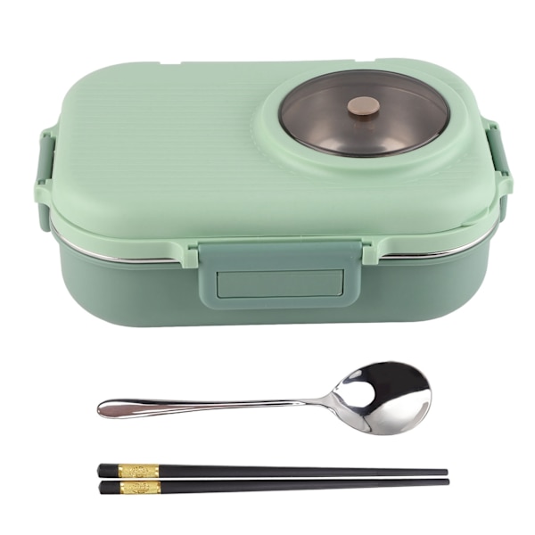 Termisk lunsjboks 1100ml Dobbelt lag 3 rutenett design 304 rustfritt stål Bento boks med spisepinner skje suppebolle grønn