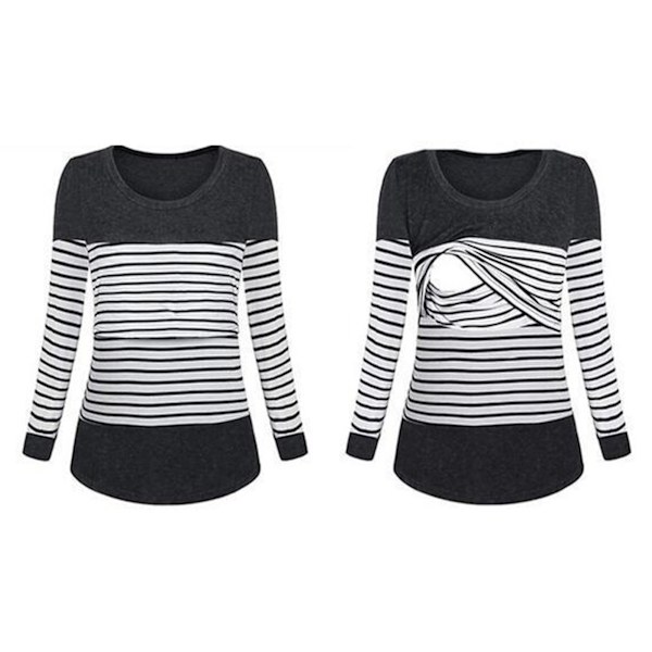Maternity T-shirt för kvinnor, rund hals, lång ärm, stretchig amning, randig topp för snabb amning, svart, L