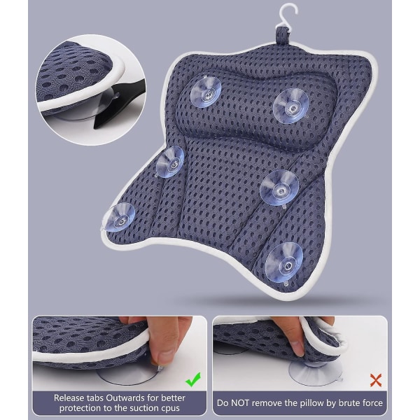 Blå ergonomisk badepute med 4D Air Mesh-teknologi, hodestøttefunksjon og 6 sugekopper
