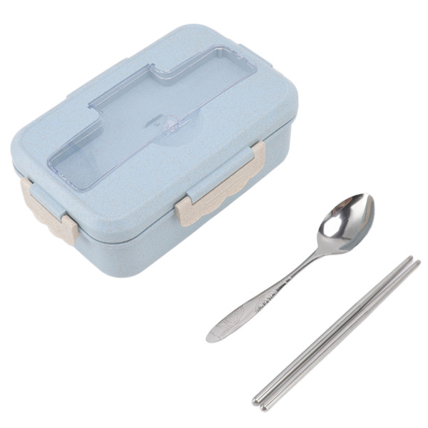 Bento Box Termisk Bento Frokostboks med Ske og Spisepinde til Voksne Børn Studerende (Nordic Blå Frokostboks Bestik)