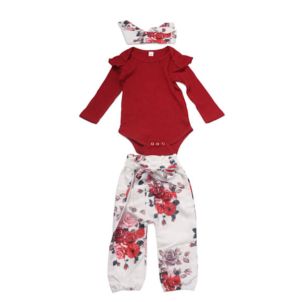 Nyfødt Antrekk Baby Blomstertrykt Dress Vinrød Bomullsantrekk med Lang Erme 80cm
