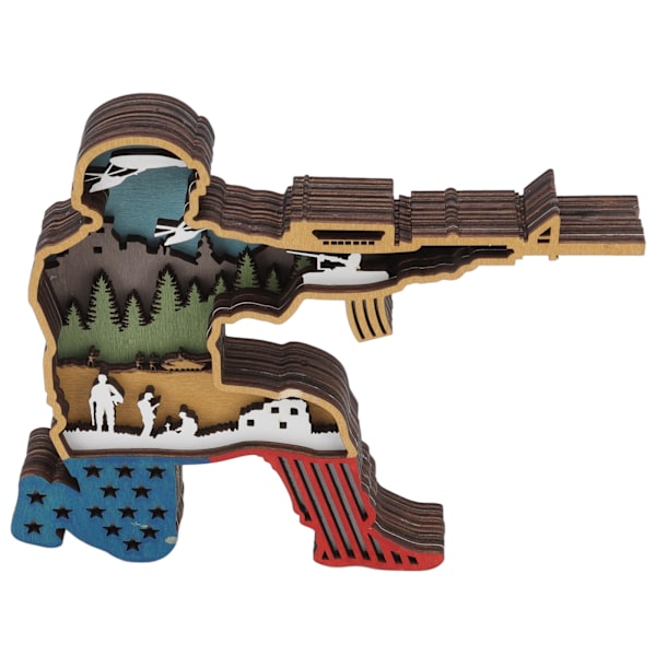 Trästaty US Independence Day Celebration Flerskiktsdesign Buxbom Snidad 3D Vivid Lights Soldier Skrivbordsornament