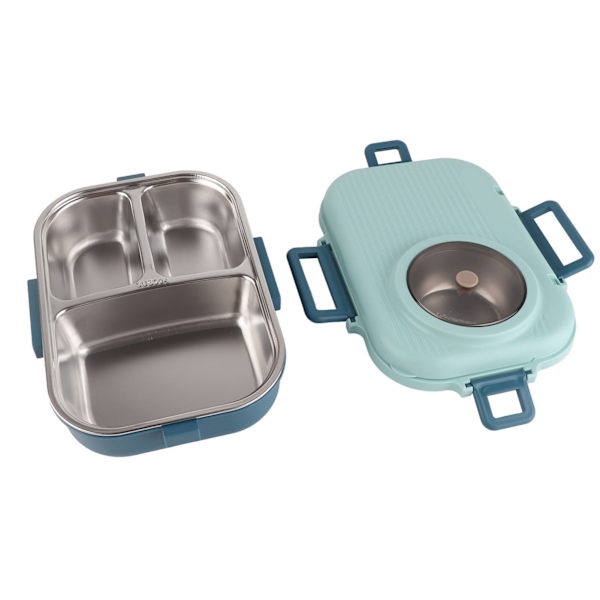 Termisk Lunsjboks 1100ml Dobbelt Lag 3 Grid Design 304 Rustfritt Stål Bento Boks med Spiseskjeer Suppeskål Blå