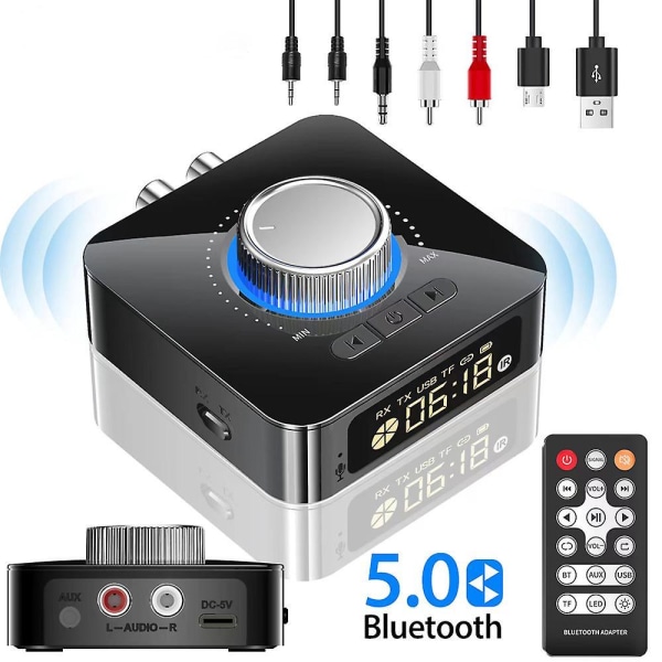 Bluetooth 5.0 -äänen vastaanotinlähetin, LED-näyttö, 3D-stereon langaton sovitin, TF-kortti, RCA, 3,5 mm:n Aux-PC-muunnin 2-in-1
