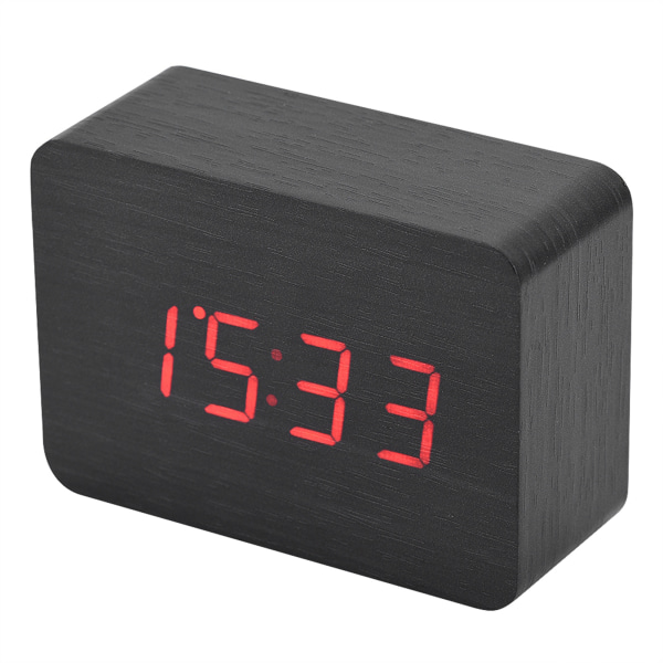 Trä elektronisk digital väckarklocka Temperatur LED-display Ljudkontroll Svart