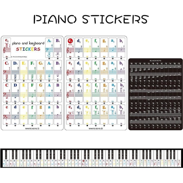 Aftagelige farverige Imelod klaver og keyboard klistermærker til musiknoter sæt til 49/61/76/88 tangenter, hvide og sorte tangenter, gennemsigtig