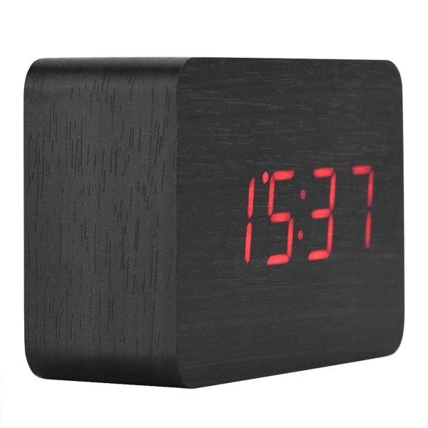 Trä elektronisk digital väckarklocka Temperatur LED-display Ljudkontroll Svart