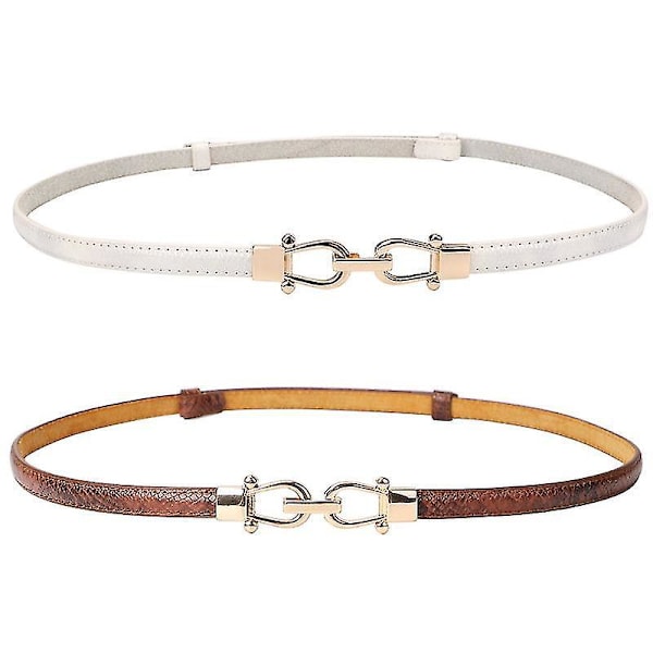 Golden Buckle Læder Skinny Talje Bælter 2 Pak til Kvinder 105cm(41Inch) Brun Hvid