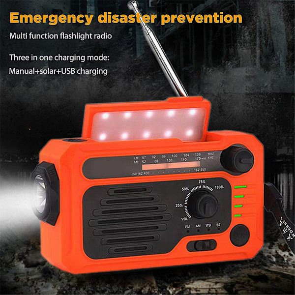 Solar Emergency Radio Handvev Multifunktions Radio Ficklampa med Bluetooth, Orange