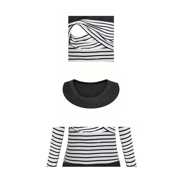 Kvinners ammeskjorter med rund hals, lang ermet, elastiske ammeskjorter med striper for rask amming, svart XL