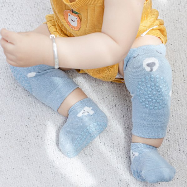 Baby Knäskydd Strumpor Set Mjuk Bomull Förhindra Halkpunkter Krypande Knä Fotskydd Blå L 2-4 År Gammal