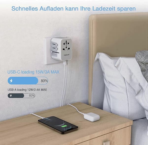 TESSAN Universal rejseadapter Rejsestikadapter Verdensomspændende med 3 USB og 1 USB C til / EU / AUS / USA gra gray 2 USB-A $ 2 Type-C