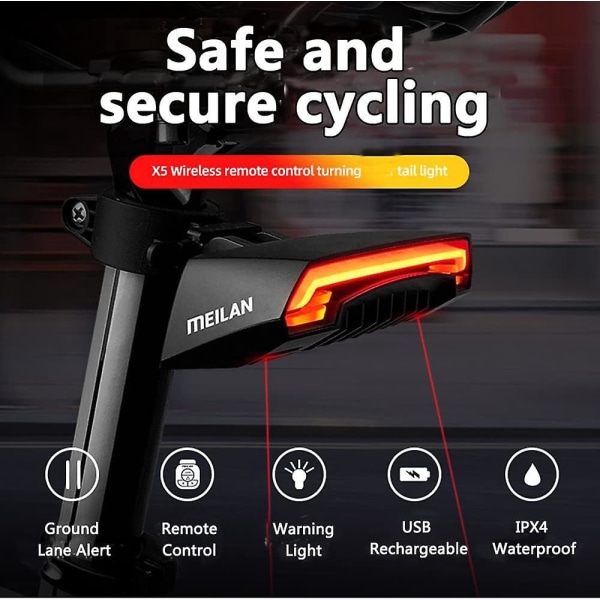 Langaton kauko-ohjattava pyörän takavalo automaattisilla suuntavilkuilla, jarruvalo, ladattava USB pyörän turvavaroitusvalo
