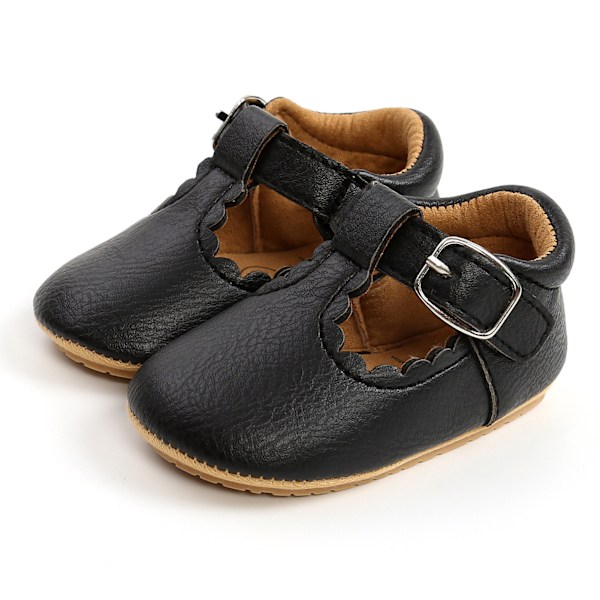 Baby Sandaler Læder Overdel Gummisål Anti Slip Blød Komfortabel Let Åndbar Toddler Gå Sko Sort 12cm/4.7in (til 6 til 12 måneder)