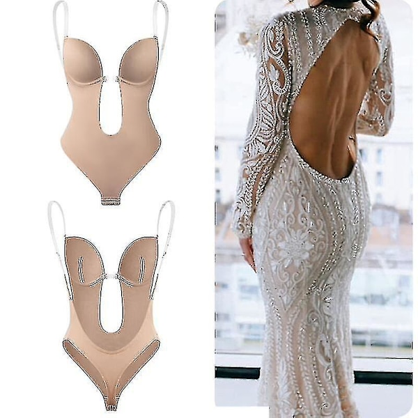 Djup V-ringad axelbandslös rygglös body shapewear för kvinnor M Beige