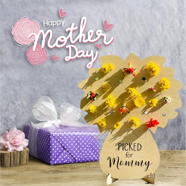DIY-blombukettbräda i trä till mors dag, blomsterställ för present till mamma, blommor ingår ej