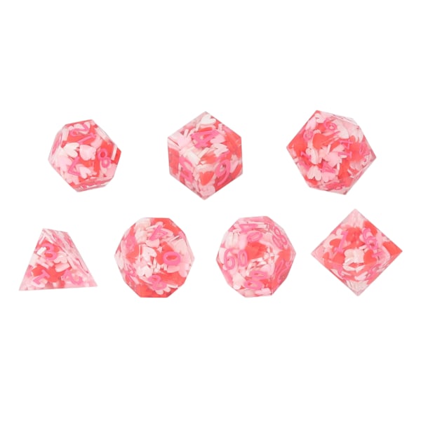 7 stk. polyhedral terningesæt i pink harpiks til rollespil, kortspil og terningspil til brætspil og matematikundervisning