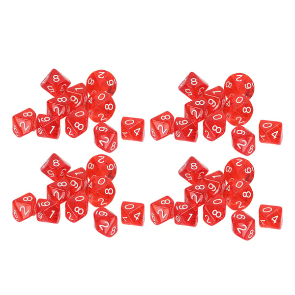 40 STK Tall Terninger 10 Sider Plast Polyhedral Terning Sett for Brettspill Undervisning Underholdning Rød