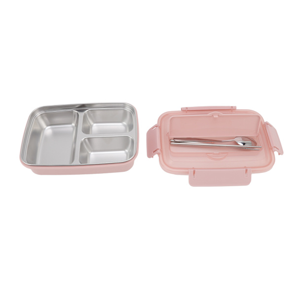 Lunchlåda 3 fack 304 Rostfritt stål Plast Matchande sked Ätpinnar Bärbara lunchbehållare för kontor Rosa
