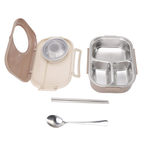 1450ml Bento Lunch Box i rostfritt stål med fack Termisk Bento Box Dubbla lager Bento Behållare för studenter Brun