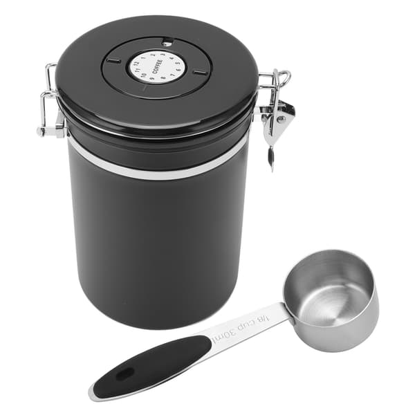 Kaffebønneopbevaring Rustfrit Stål Lufttæt Beholder Kaffe med 30 ml Ske Datosporende Kaffebeholder til Opbevaring 1,8L Sort