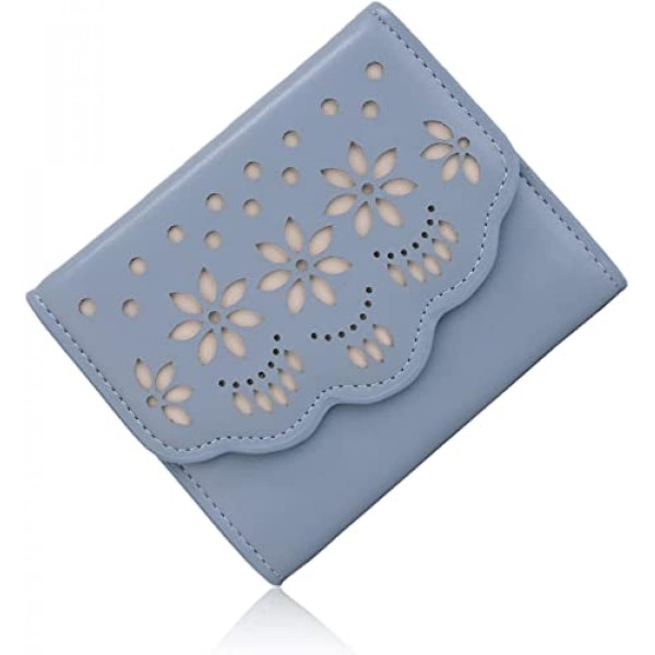 Plånbok för kvinnor Hollow Floral Vegan Läder Korthållare Organizer Liten Trifold Girls Flower Purse Off A916-758 Blue