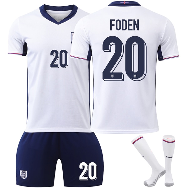 25. sæson England hjemme hvid nr 20 Foden fodboldtema trøjesæt voksen børnestørrelse No. 20 Foden 26（140-150CM)