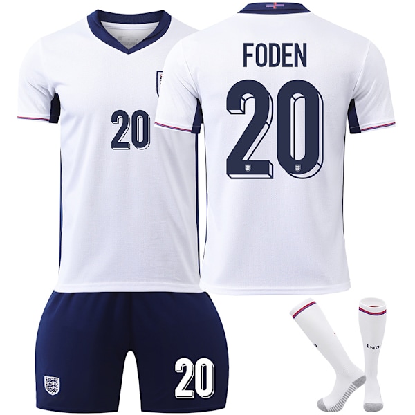 25. sesong England hjemme hvit nr 20 Foden fotballtema trøyesett voksen barnestørrelse No. 20 Foden 22（120-130CM)