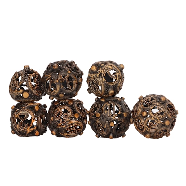 7pcs Hollow Dice Set Copper Portable Balanced Rolling Engraved Metal Polyhedral Dice Set for Board Games Antique Gold