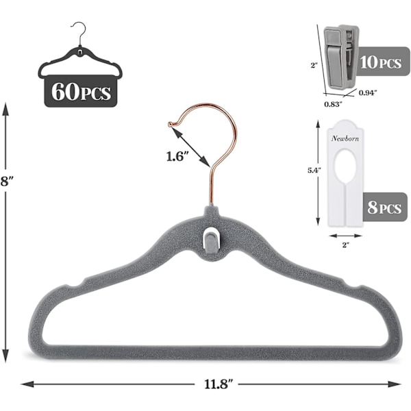 Sammetsklädhängare för bebisar - 60 stycken, halkfria, med fingerringar och garderobsskiljare - Grå