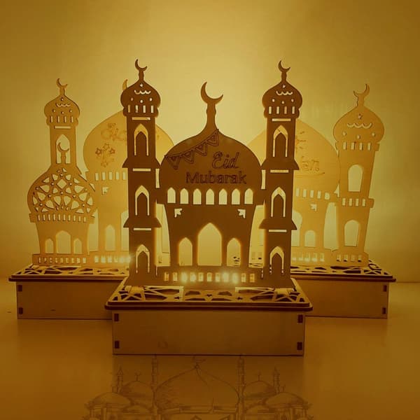 Træ LED Lampe Ramadan Dekoration Bærbar Eid Ramadan LED Natlys Bordpynt Ideel til Eid Ramadan Dekoration