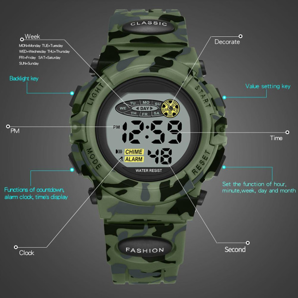 Lasten digitaalinen watch vedenpitävä casual elektroninen watch 7 värikästä LED- watch hälytinrannekelloilla pojille tytöille
