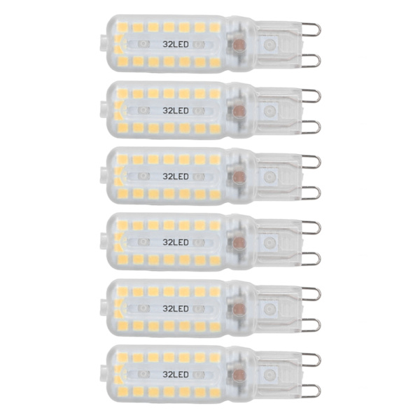 6 stk G9 LED-pærer 7W dimbar 360° belysning erstatningslyspære for vegg skrivebords skaplampe varm hvit 110-140V