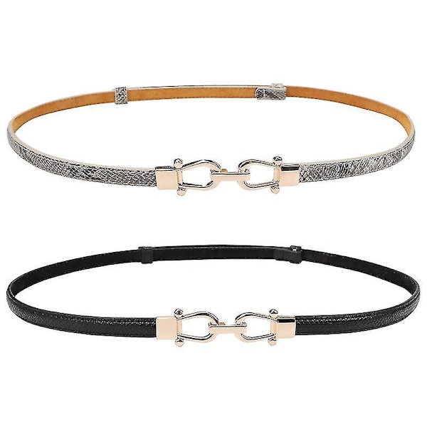 Smal läder midjebälten med gyllene spänne - 2-pack 105 cm (41 tum) svart grå