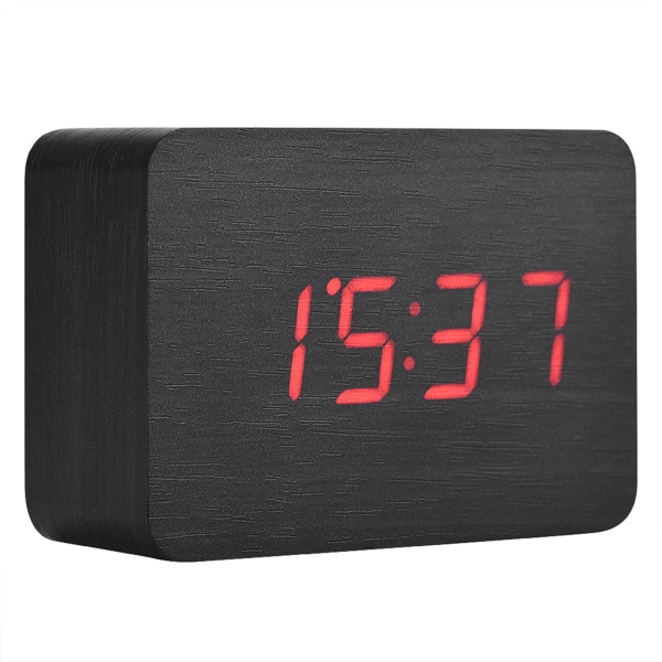 Trä elektronisk digital väckarklocka Temperatur LED-display Ljudkontroll Svart